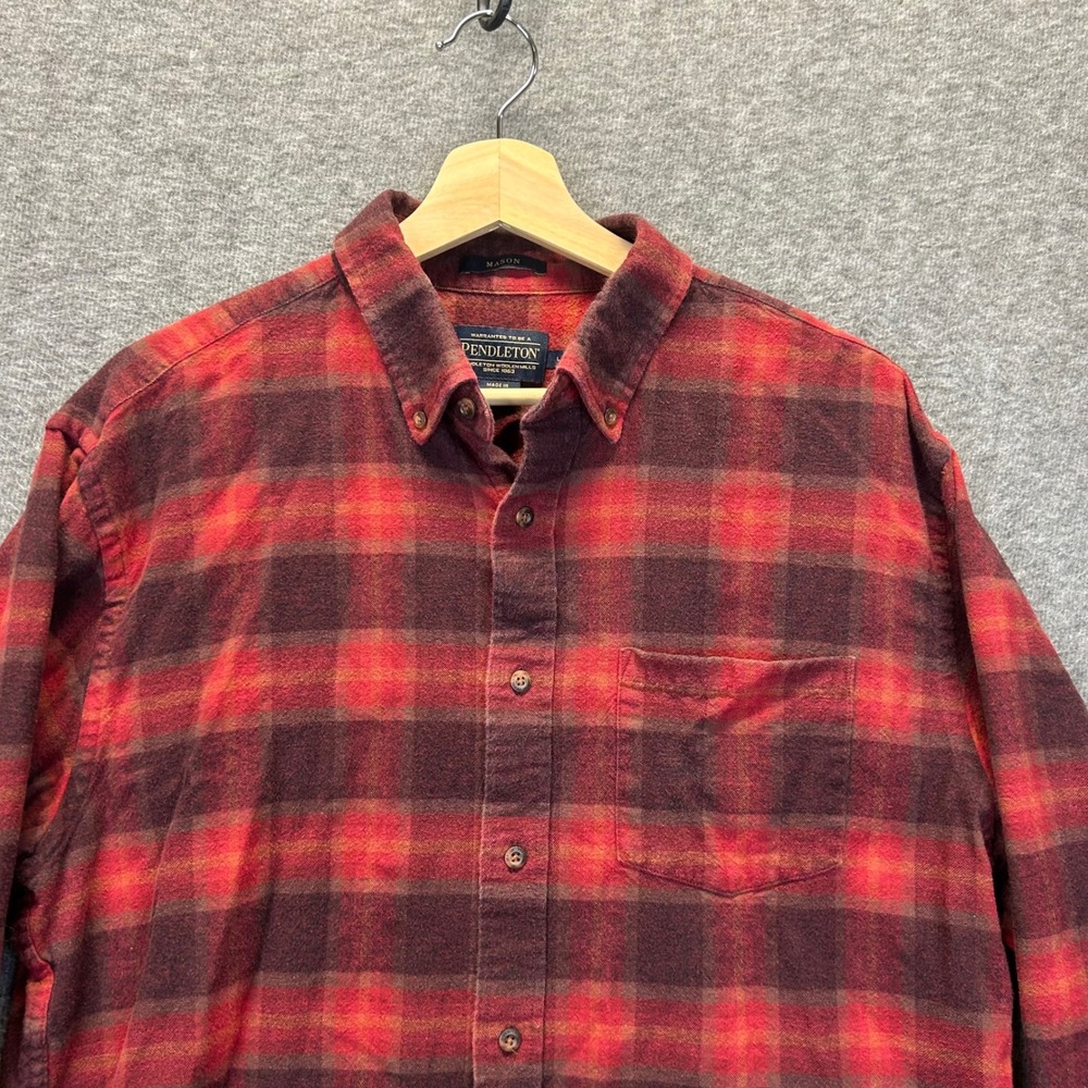 Pendleton Mason Men Large Red Plaid Flannel Button Down Shirt Cotton Long Sleeve